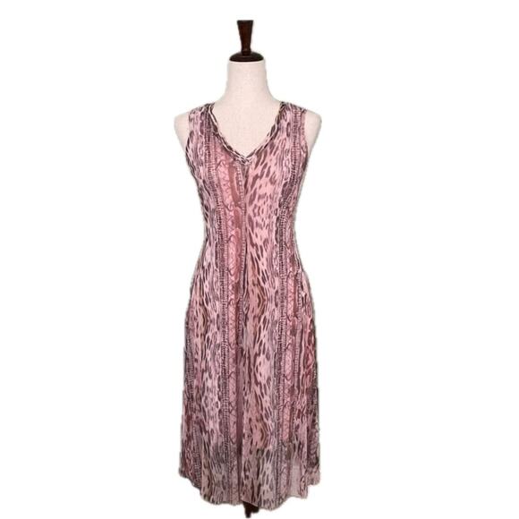 T Tahari Dresses & Skirts - T Tahari Midi Dress Sheer Overlay Animal Print V-Neck Pink Brown XS